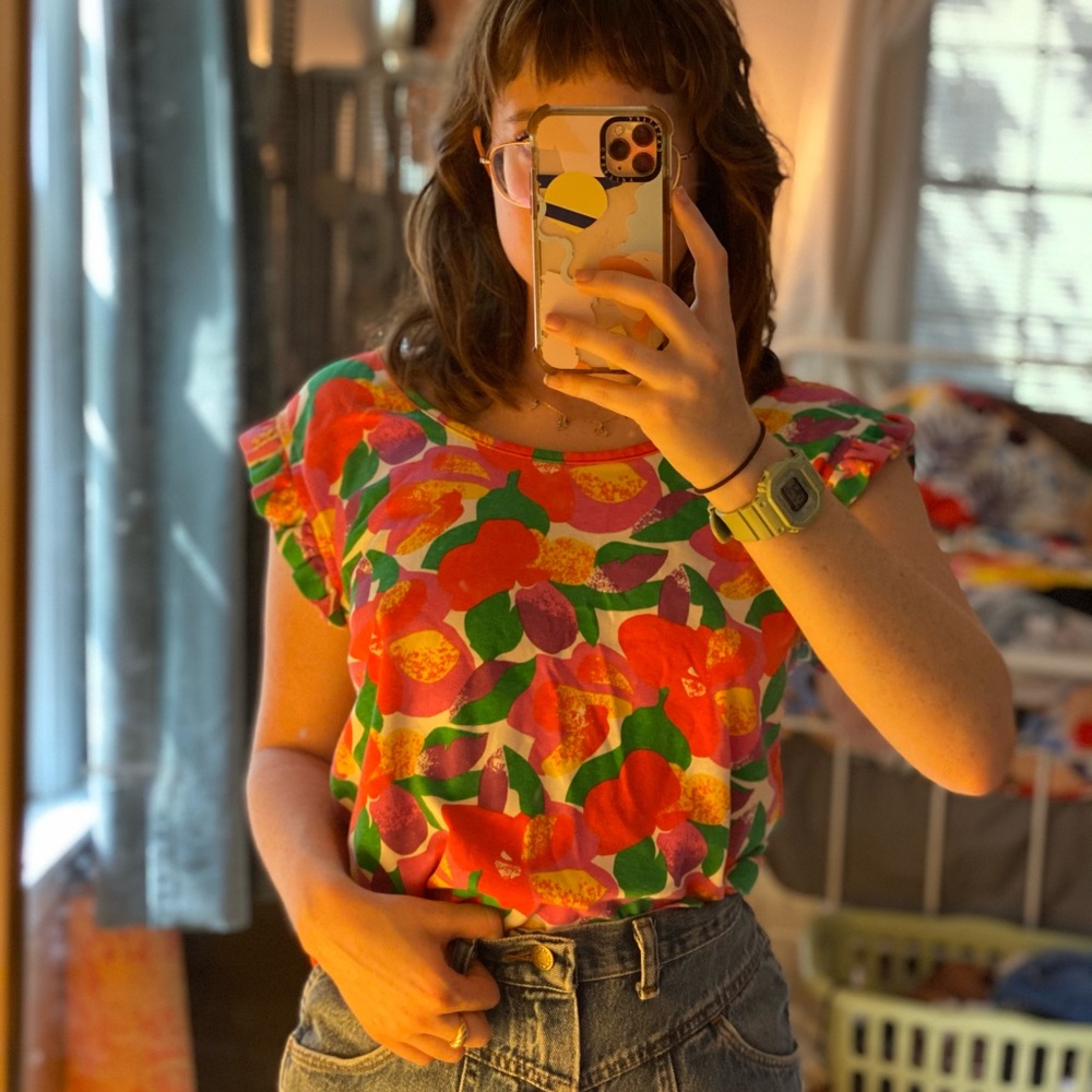 Vintage Ruffle Fruit Tropical Boatneck Top